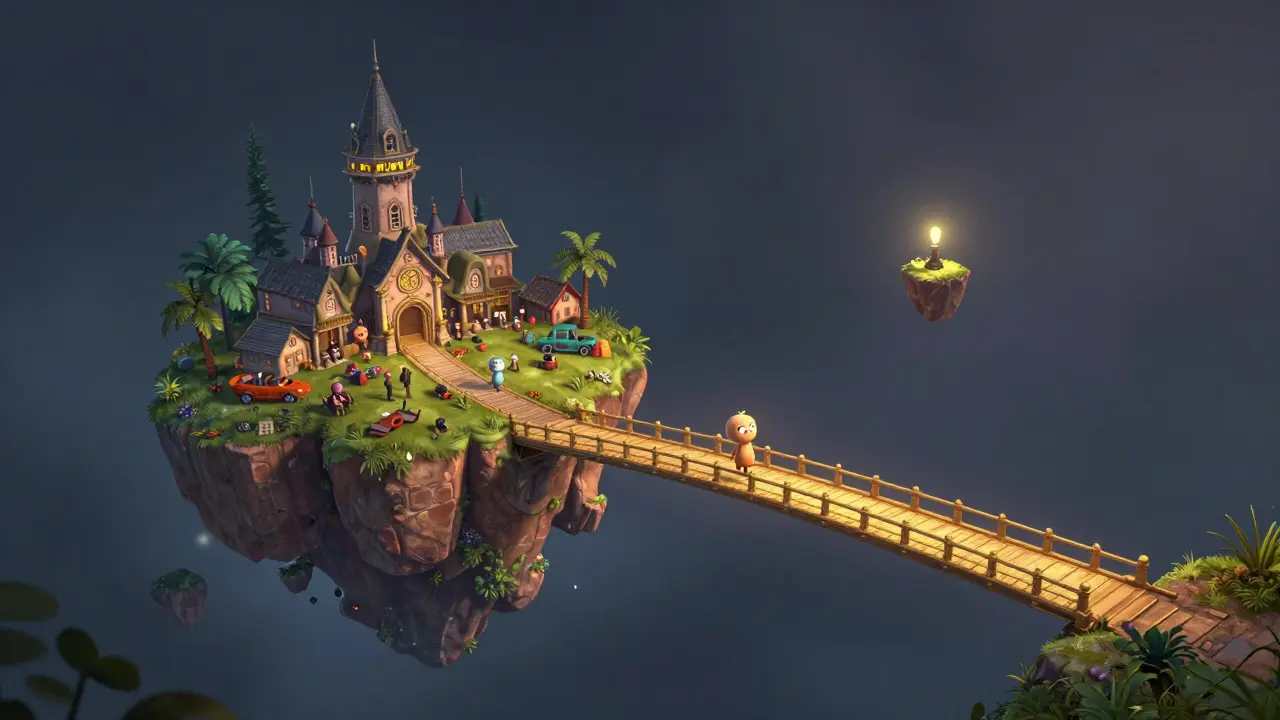 A small, isolated digital island connected by a golden bridge in a vast void.