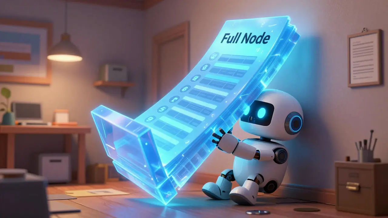 A small robot overwhelmed by a massive, glowing digital blockchain ledger in a workshop.