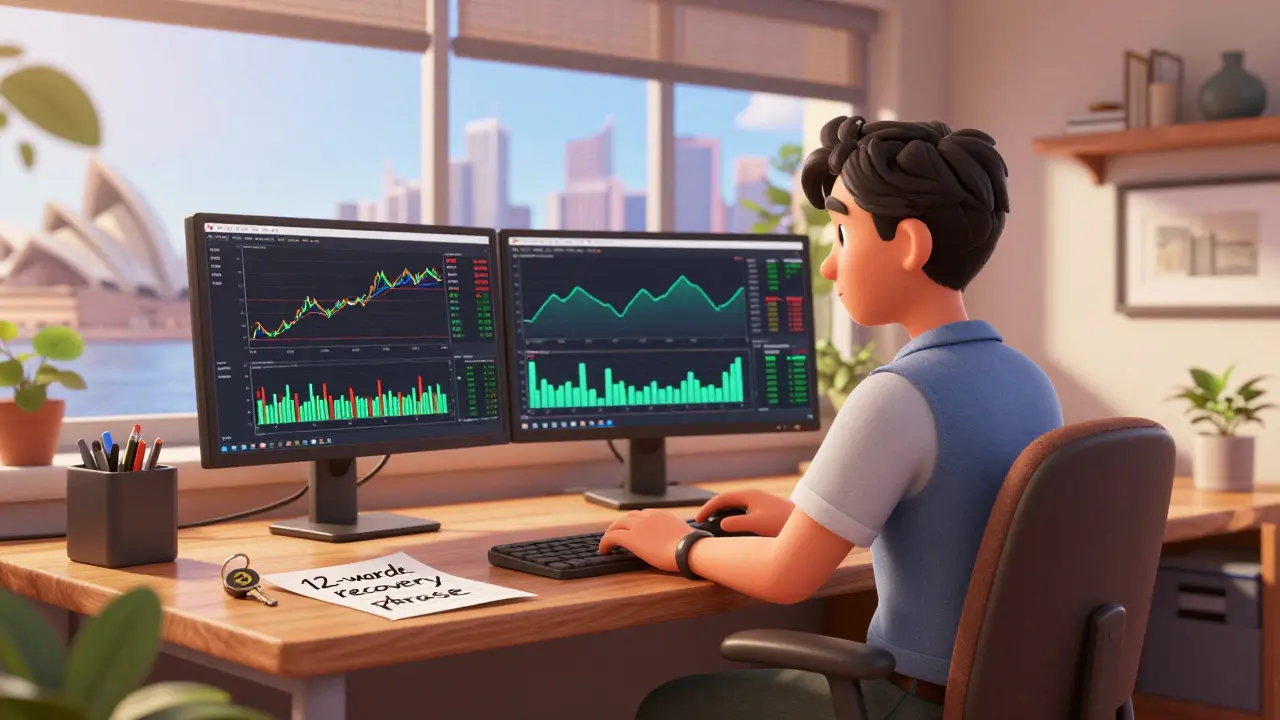 A trader at a desktop computer with a handwritten recovery phrase and a view of Sydney.