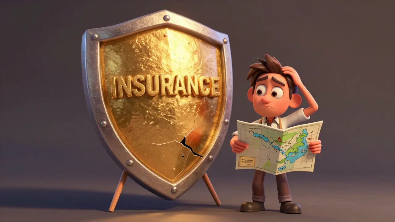 A worried trader looking at a cracked gold shield held up by flimsy sticks.