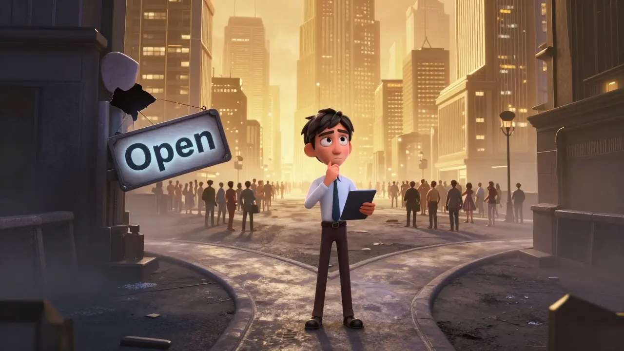 An investor choosing between a dark abandoned path and a bright secure digital city.