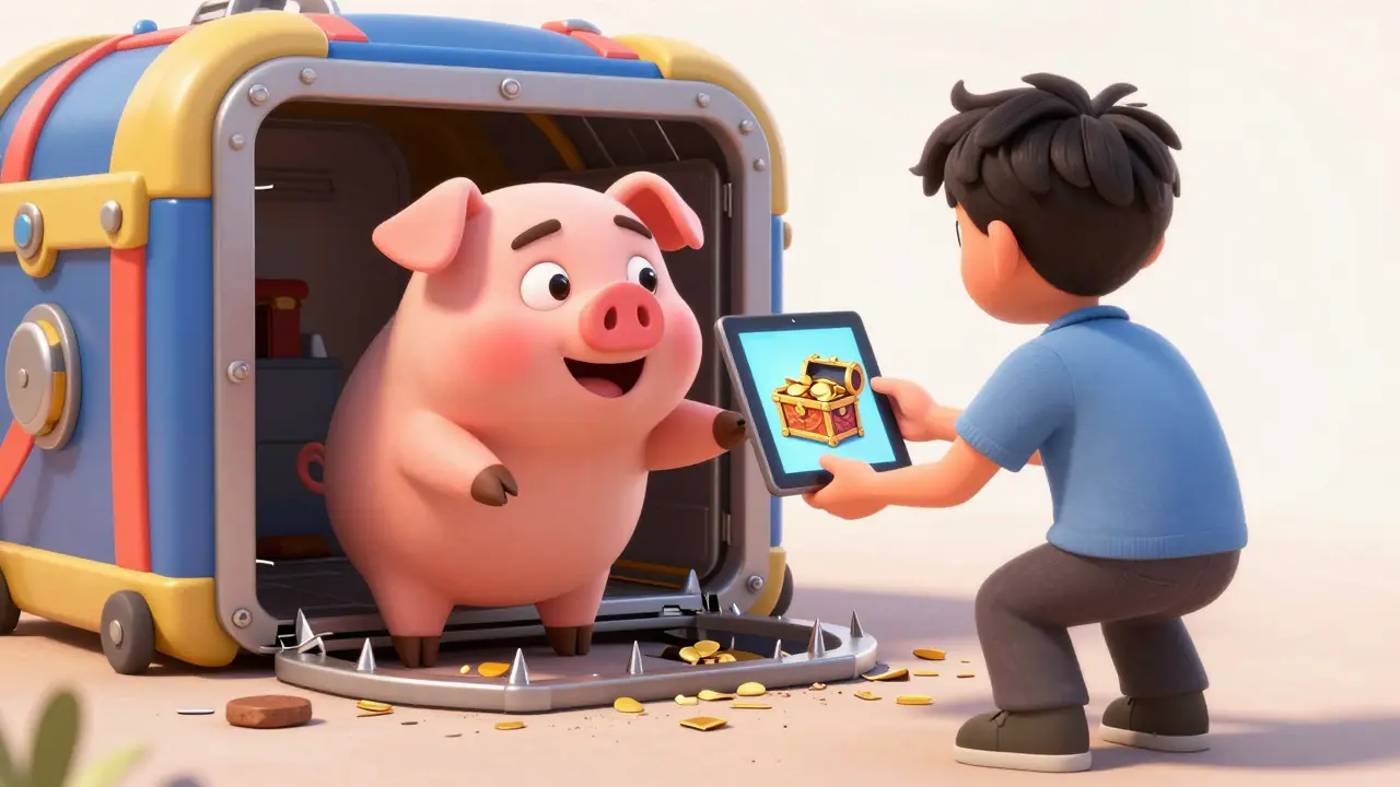 Character showing a fake profit screen while a trap prepares to snap shut