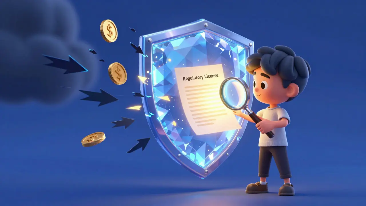 Character using a glowing shield and magnifying glass to verify financial documents