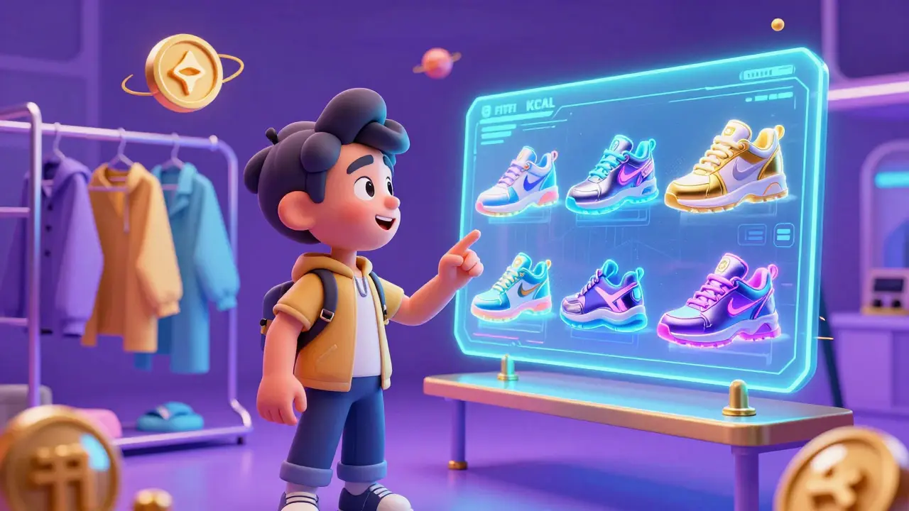 Character viewing holographic NFT sneakers and floating digital tokens in a metaverse.