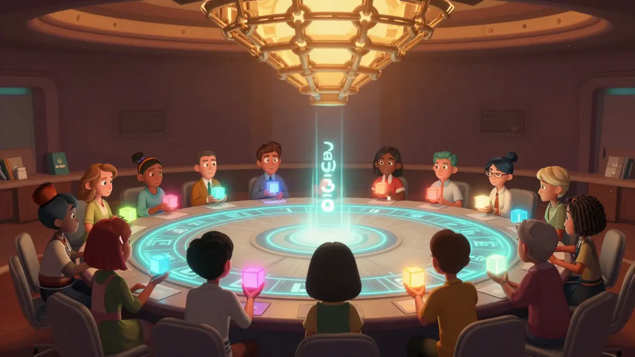 Characters voting with glowing cubes around a circular holographic table.