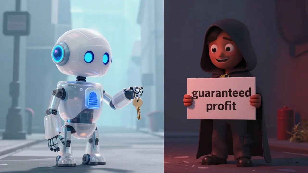 Comparison between a secure smart contract robot and a shadowy scammer