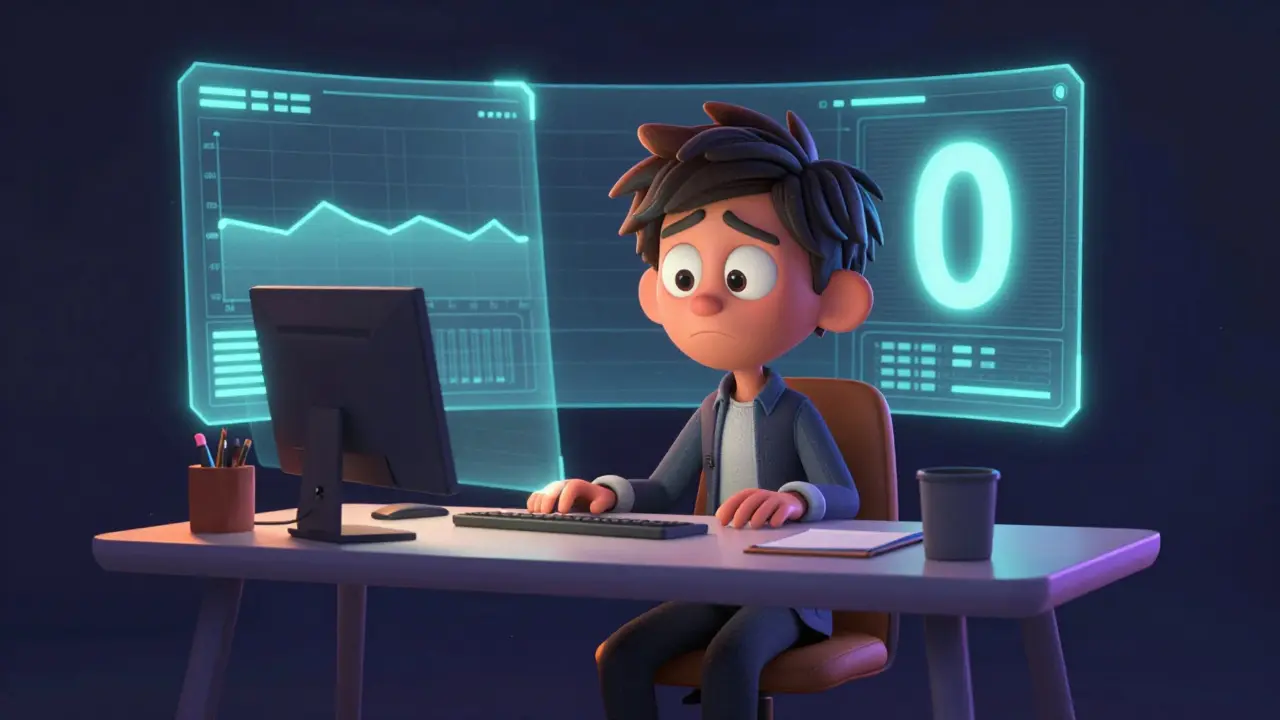 Confused 3D character looking at a holographic screen showing zero liquidity.