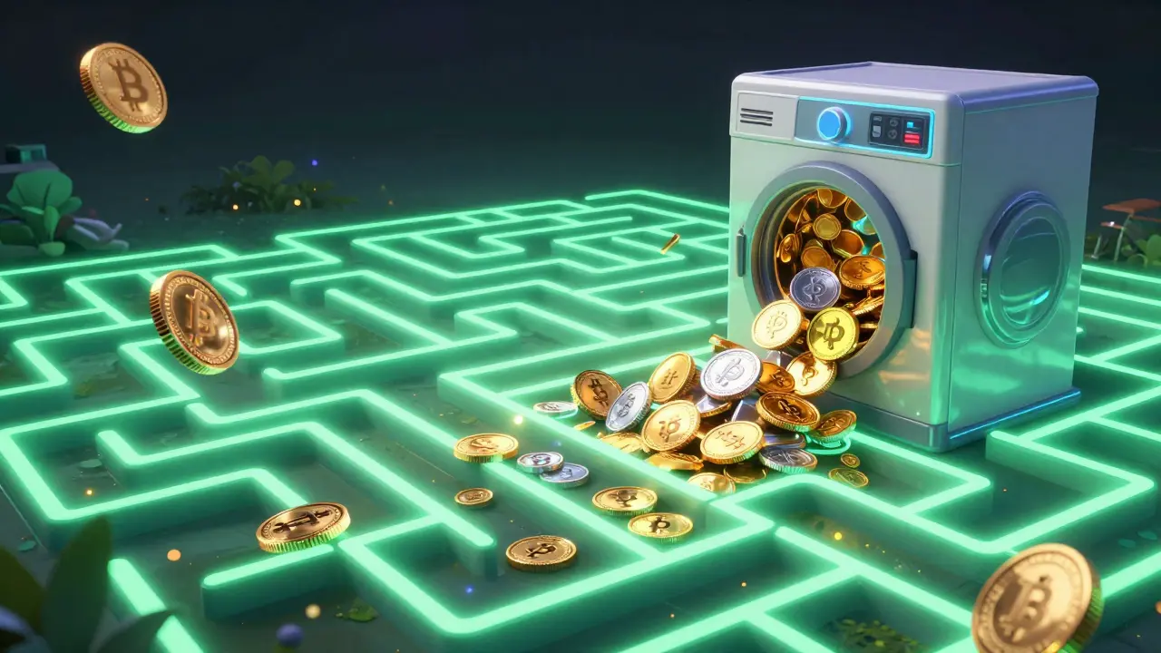 Cryptocurrency coins being mixed in a futuristic neon machine to hide their origin.