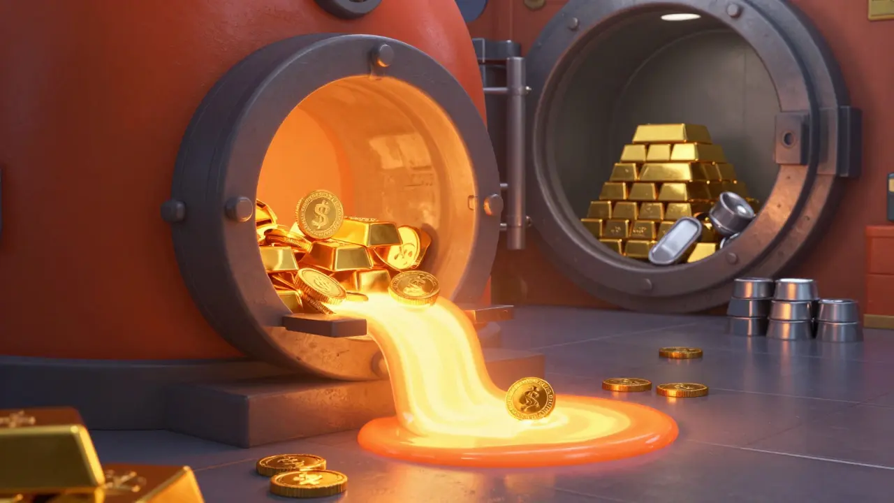Digital tokens being melted into gold bars in a secure vault, Pixar style.