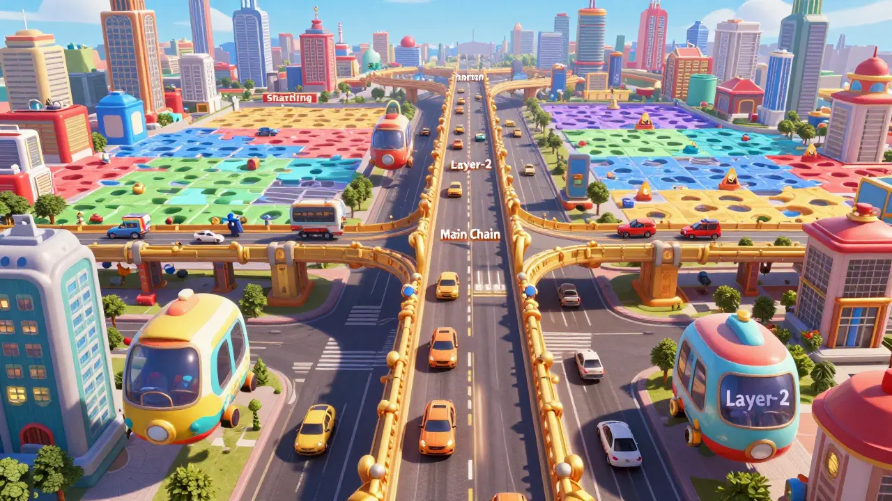 Futuristic city with floating pods and puzzle-piece districts representing blockchain scaling.