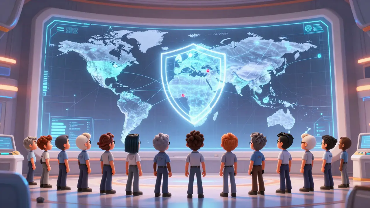 Futuristic command center with agents monitoring a holographic global map of crypto nodes