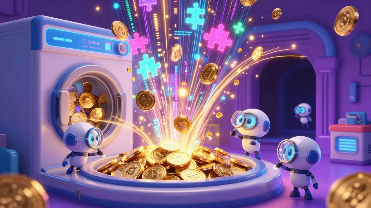 Golden coins swirling in a neon digital laundry machine with robot analysts