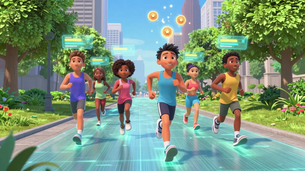 Group of joggers on a digital path with holographic reward tokens appearing above them.