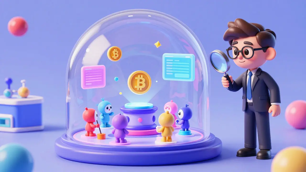 Miniature characters testing crypto assets inside a glass regulatory sandbox dome.