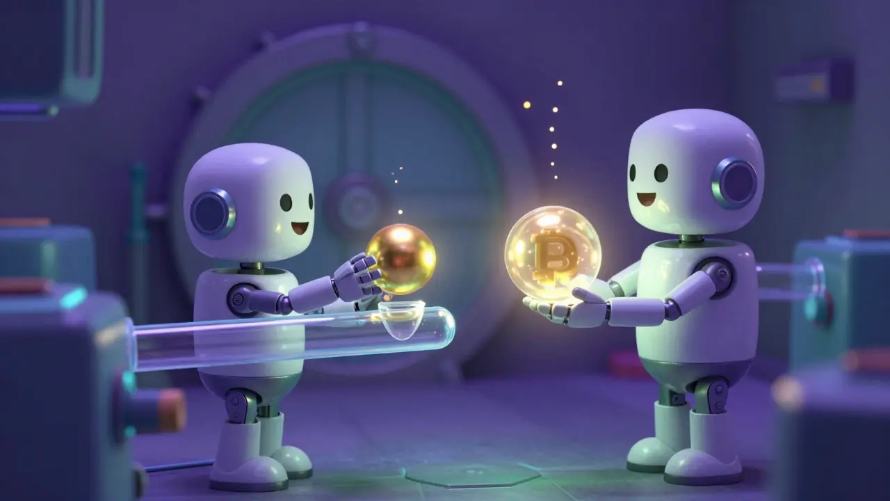 Robotic figures exchanging glowing orbs through a transparent tube.