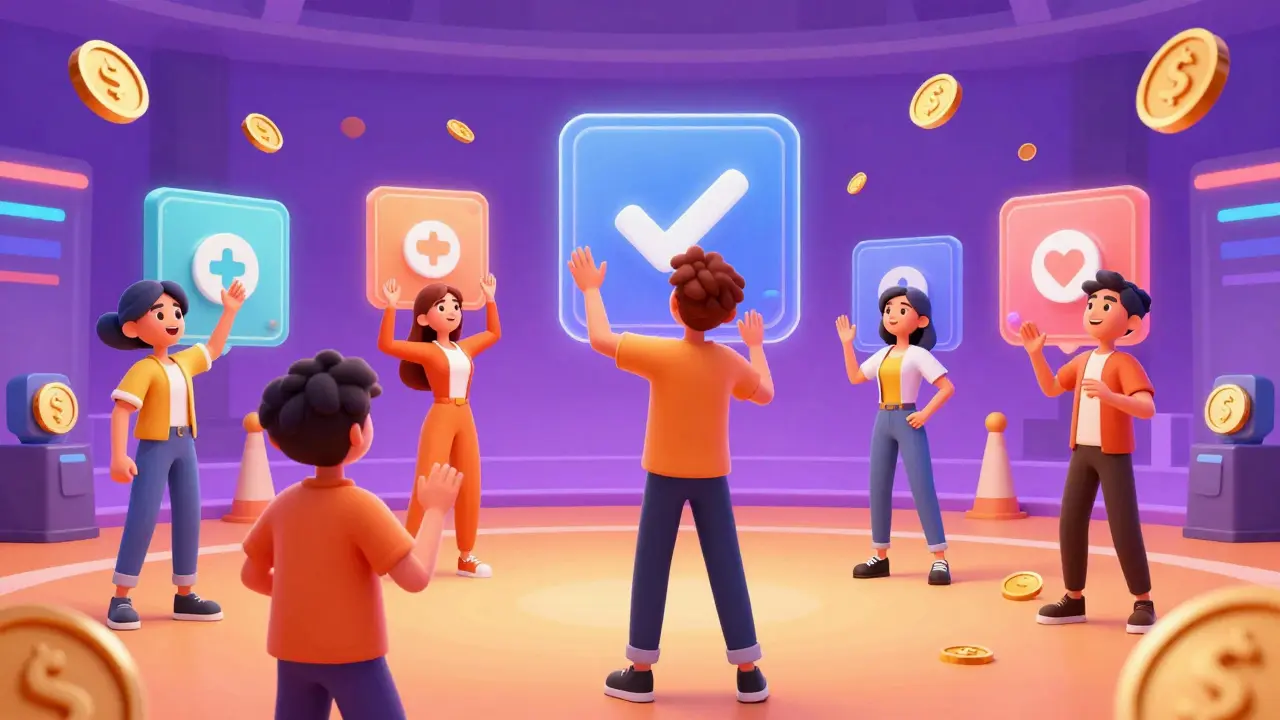 Stylized characters interacting with holographic voting buttons and gold coins in a virtual arena.