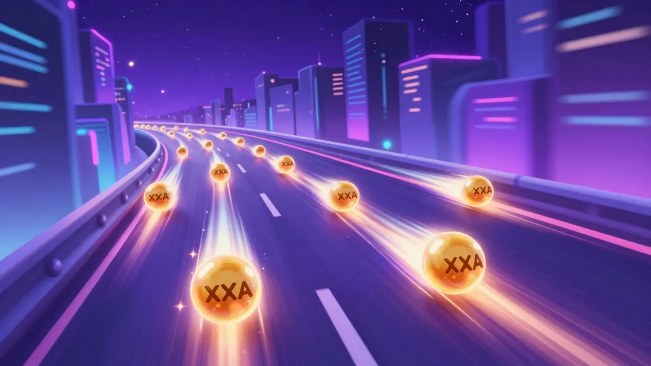 Stylized golden tokens zooming through a neon digital highway in Pixar style.