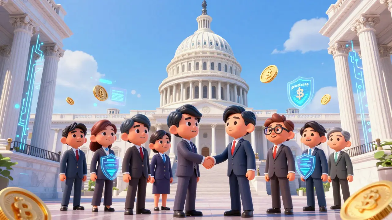 Stylized U.S. Capitol building with digital blockchain circuitry and business people.