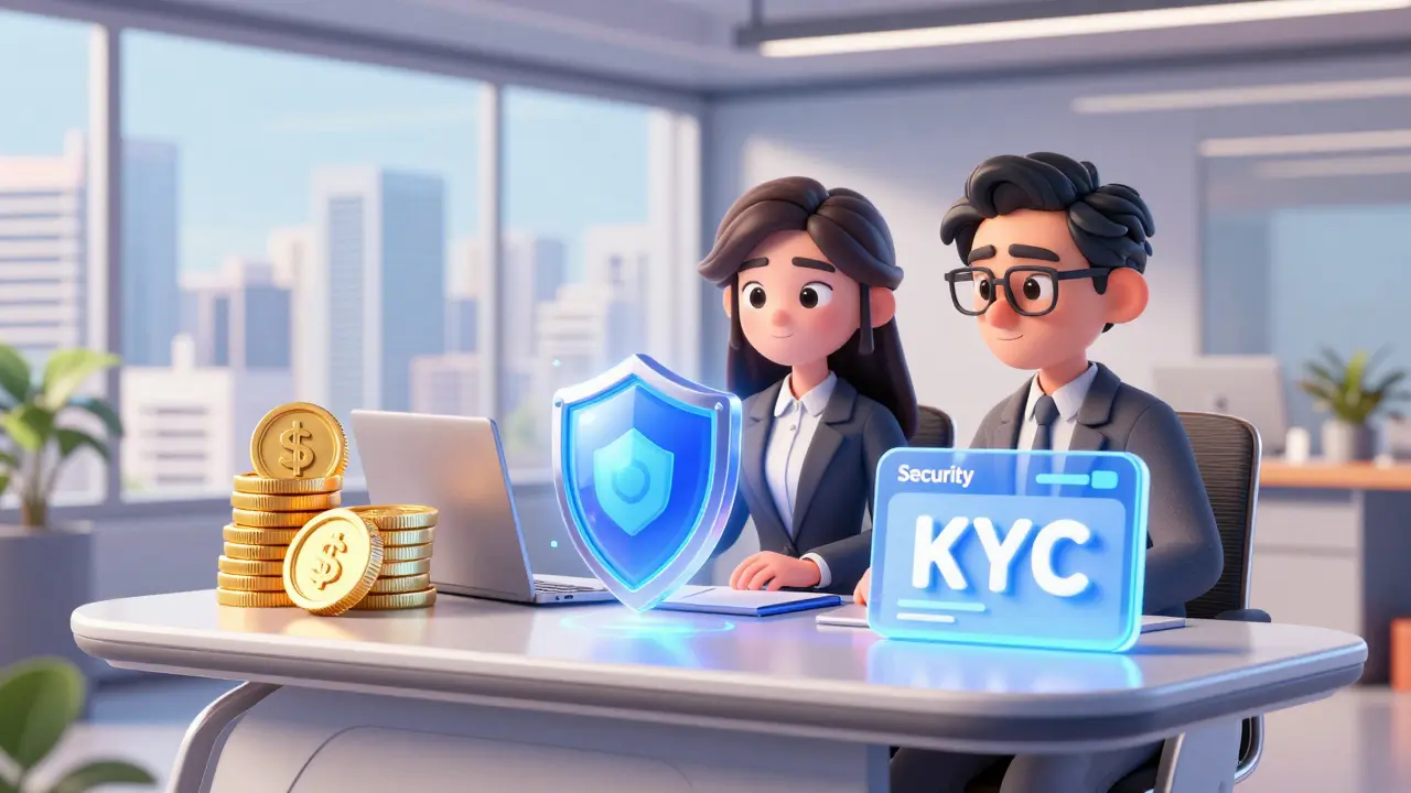 Tech founder and consultant reviewing capital and security icons in a modern office.