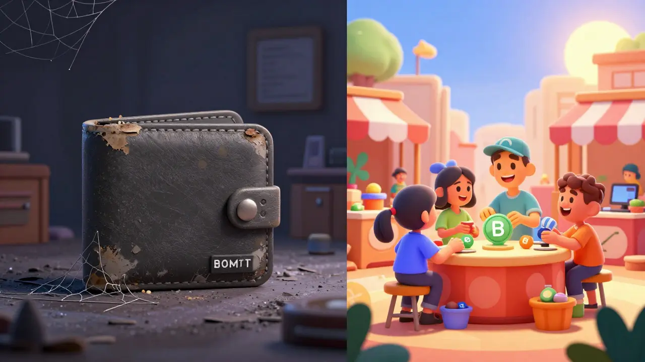 A contrast between a dusty, abandoned digital wallet and a vibrant, busy crypto marketplace showing safer investment alternatives.