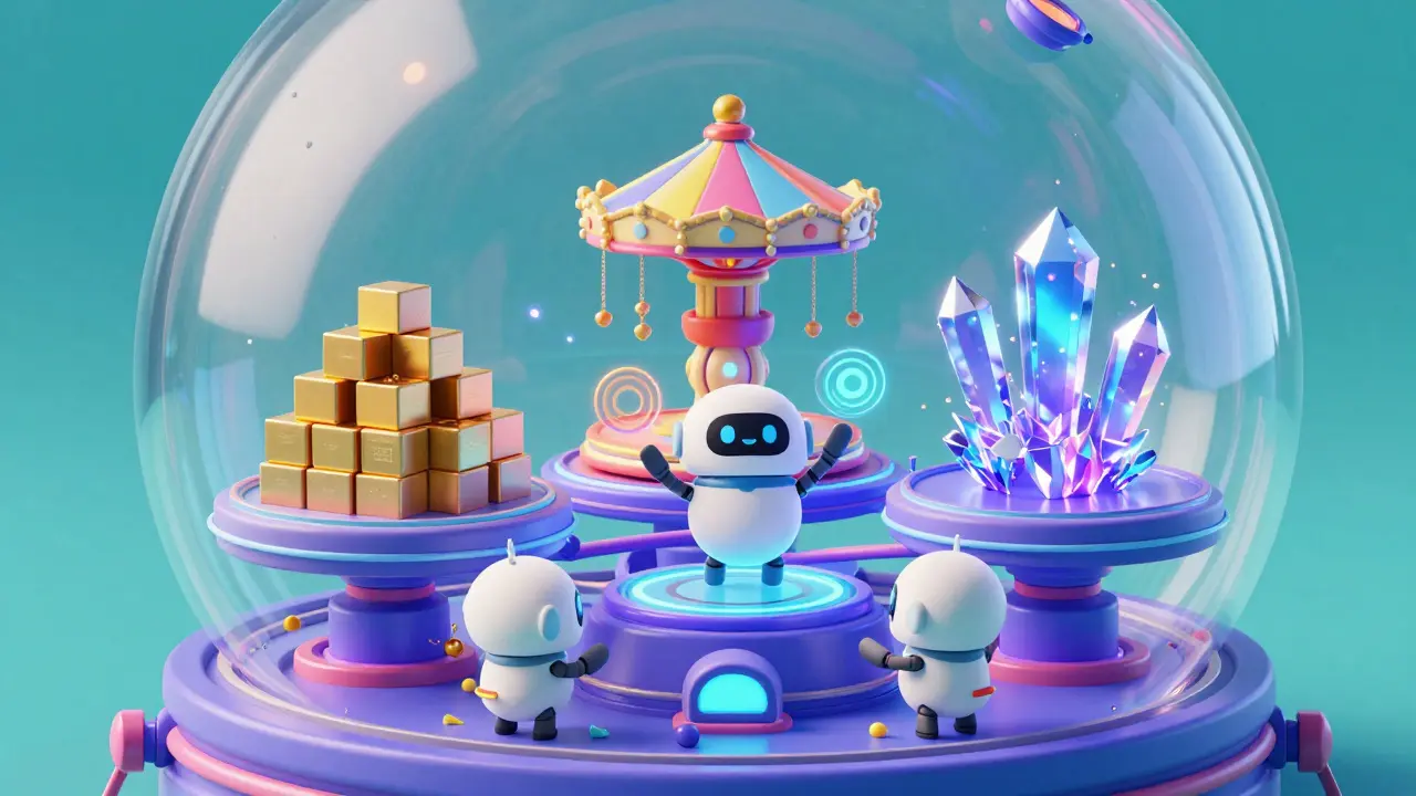 A cute robot managing a colorful machine representing lending, trading, and synthetic assets in a sphere.