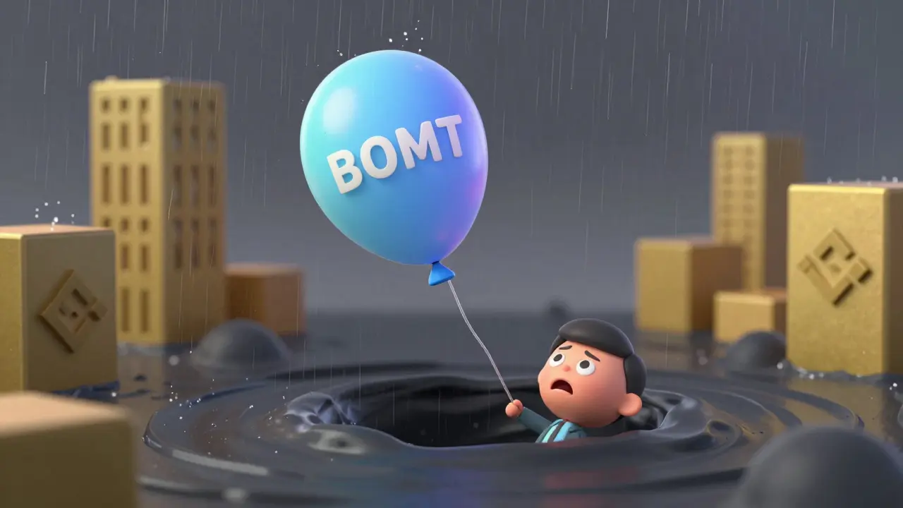A deflated BOMT balloon sinks into darkness near distant exchange buildings, illustrating the massive price crash and lost liquidity.