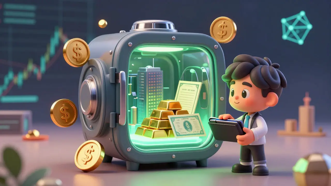 A digital vault securing tokenized real-world assets like buildings and bonds.