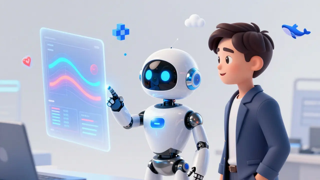 A friendly robot assistant helping an investor analyze AI-driven crypto insights.