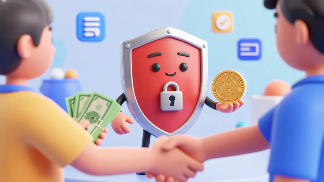 A friendly shield mediator facilitating a safe trade between cash and crypto users.