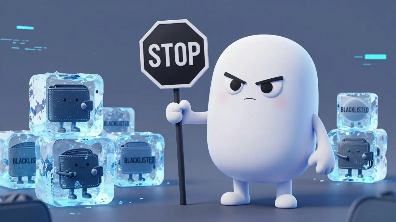A giant USDT coin blocking frozen digital wallets in a Pixar-style illustration.