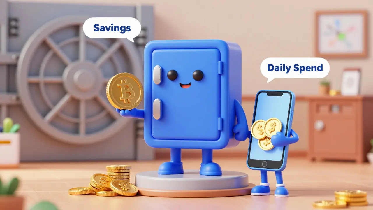 A hardware safe holding savings next to a phone with daily spend tokens, illustrating balance.