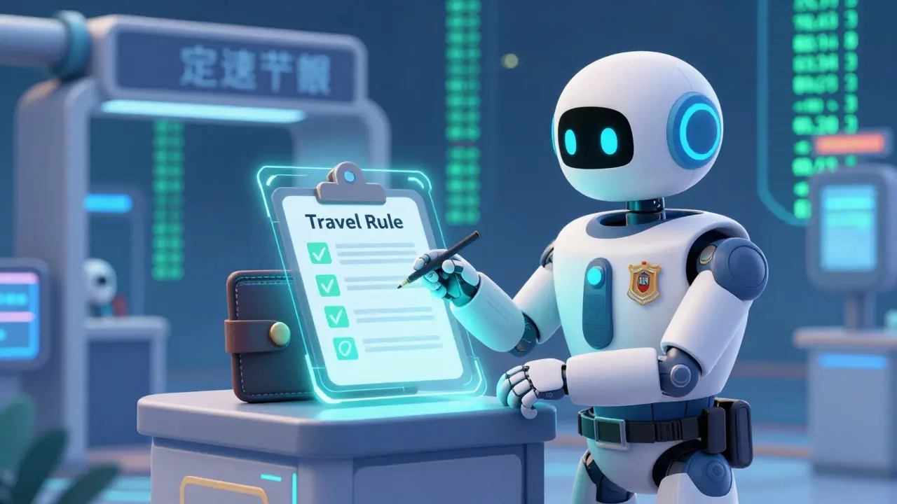 A robot inspector verifying digital wallet identities at a security checkpoint.