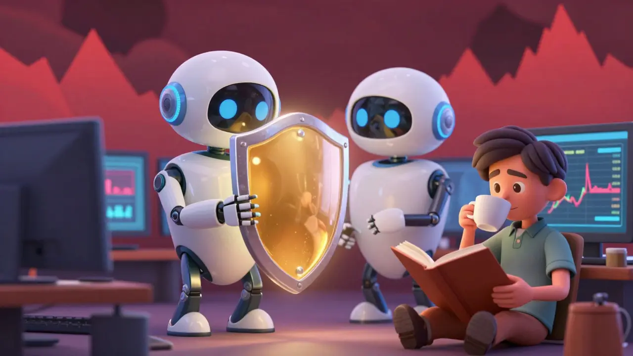 A robot shield protecting a calm trader from market chaos.