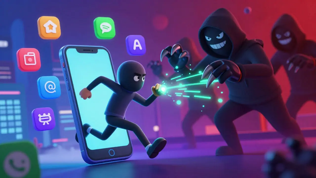A smartphone navigating app icons while shadowy hackers lurk nearby, showing security risks.