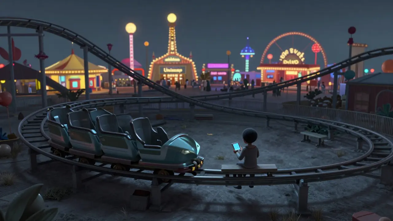 Abandoned theme park ride symbolizing low usage compared to busy competitors