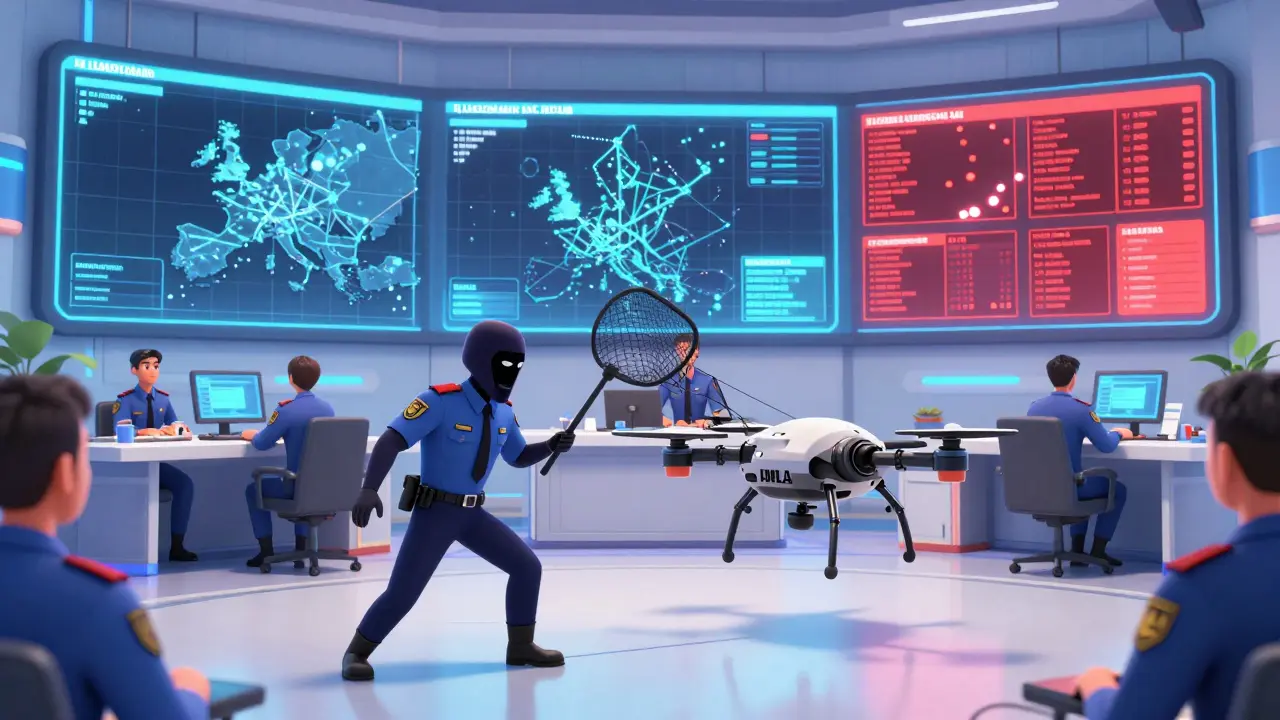 Agents in a command center tracking illicit crypto flows and arresting criminals.
