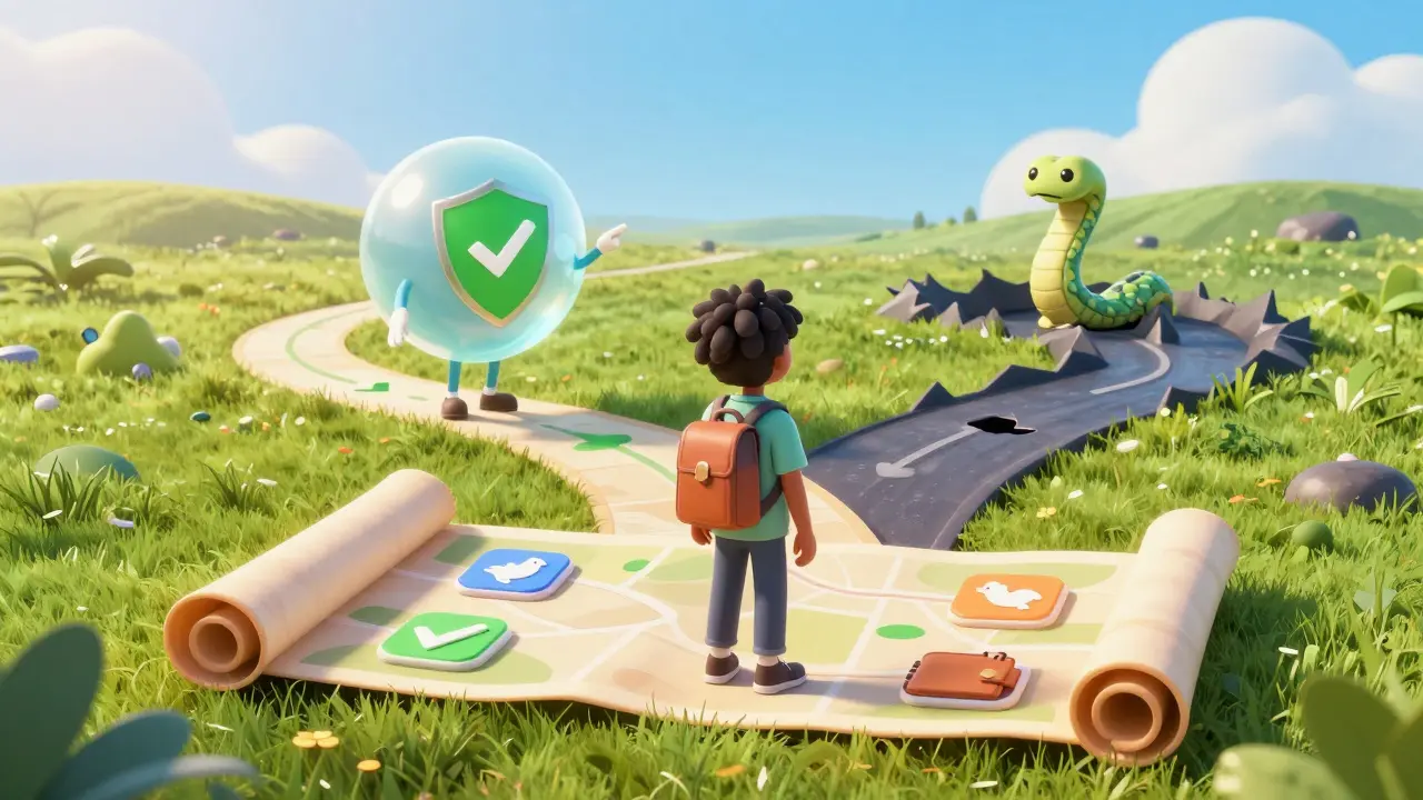An animated user following a map with safety icons, avoiding a phishing snake in a bright digital world.