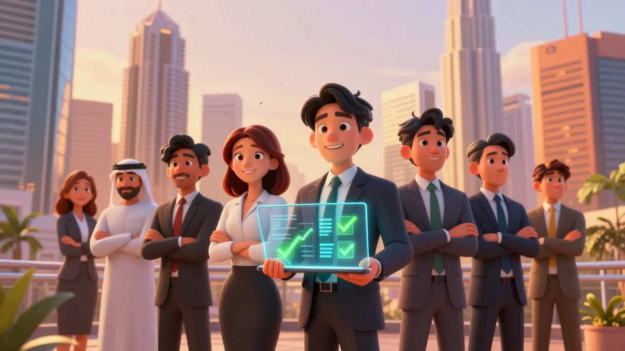 Animated business leaders reviewing crypto regulations in a futuristic Asian financial hub