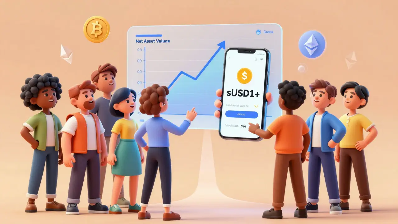 Animated investors viewing a growing holographic chart representing sUSD1+ value.