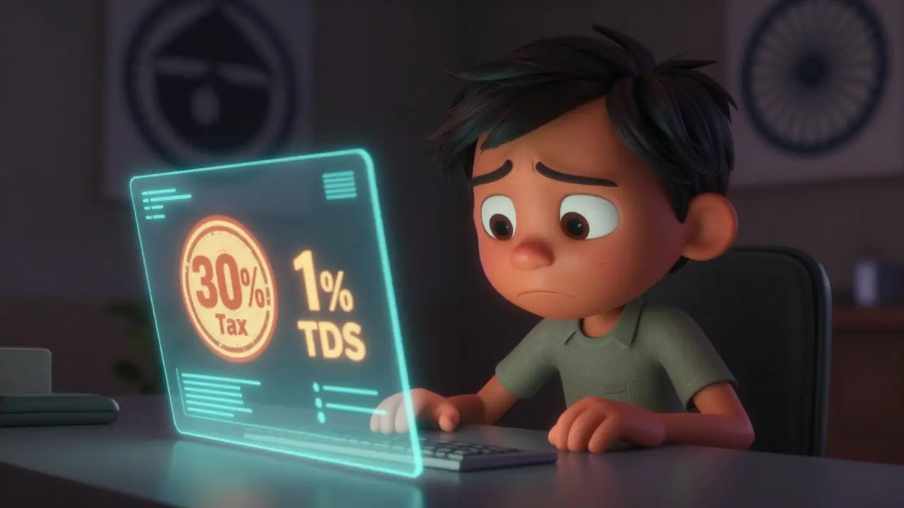 Anxious character viewing a holographic crypto wallet with heavy tax stamps.