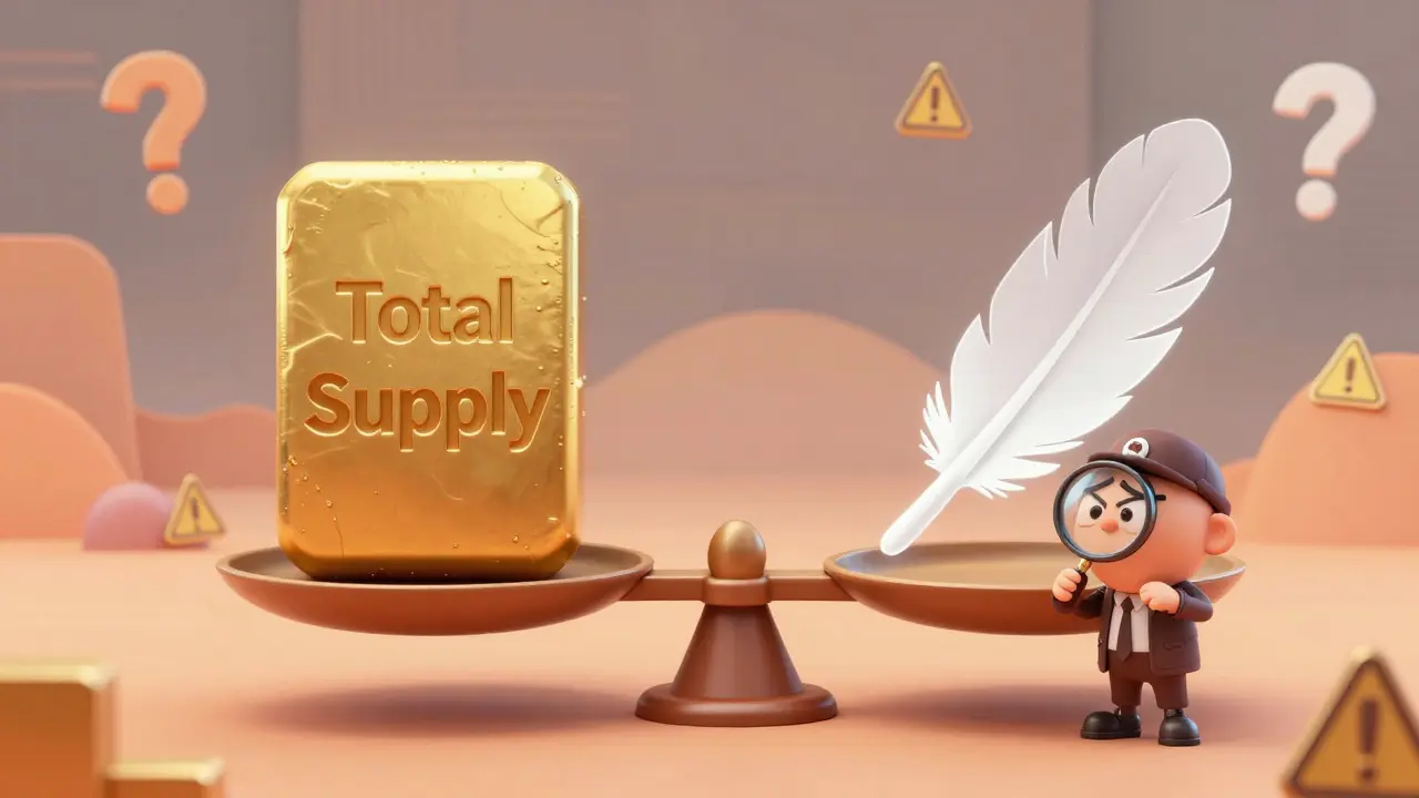 Cartoon detective examining a scale showing massive supply vs zero circulation