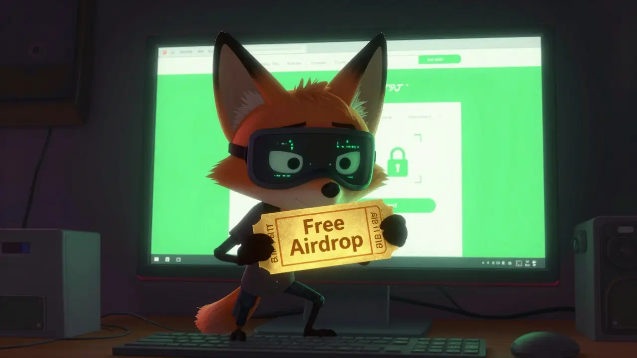 Cartoon fox scammer hiding behind a deceptive computer screen