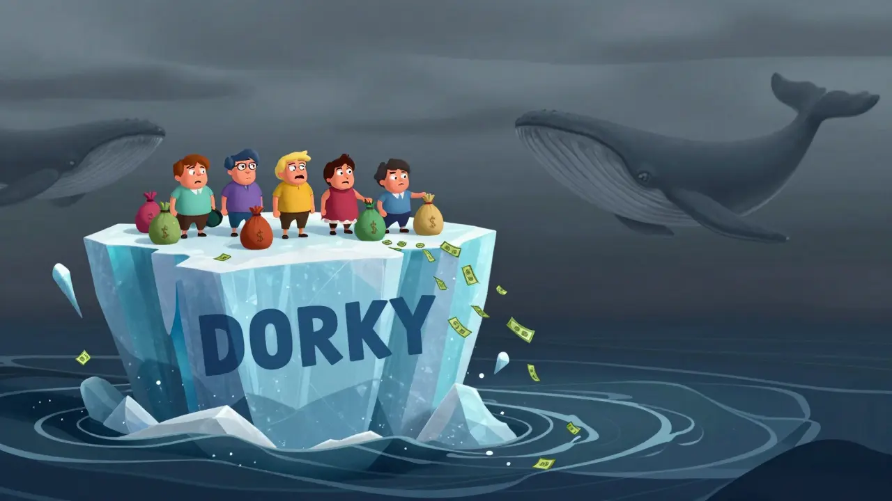 Cartoon investors watching a sinking iceberg labeled DORKY with whales below.