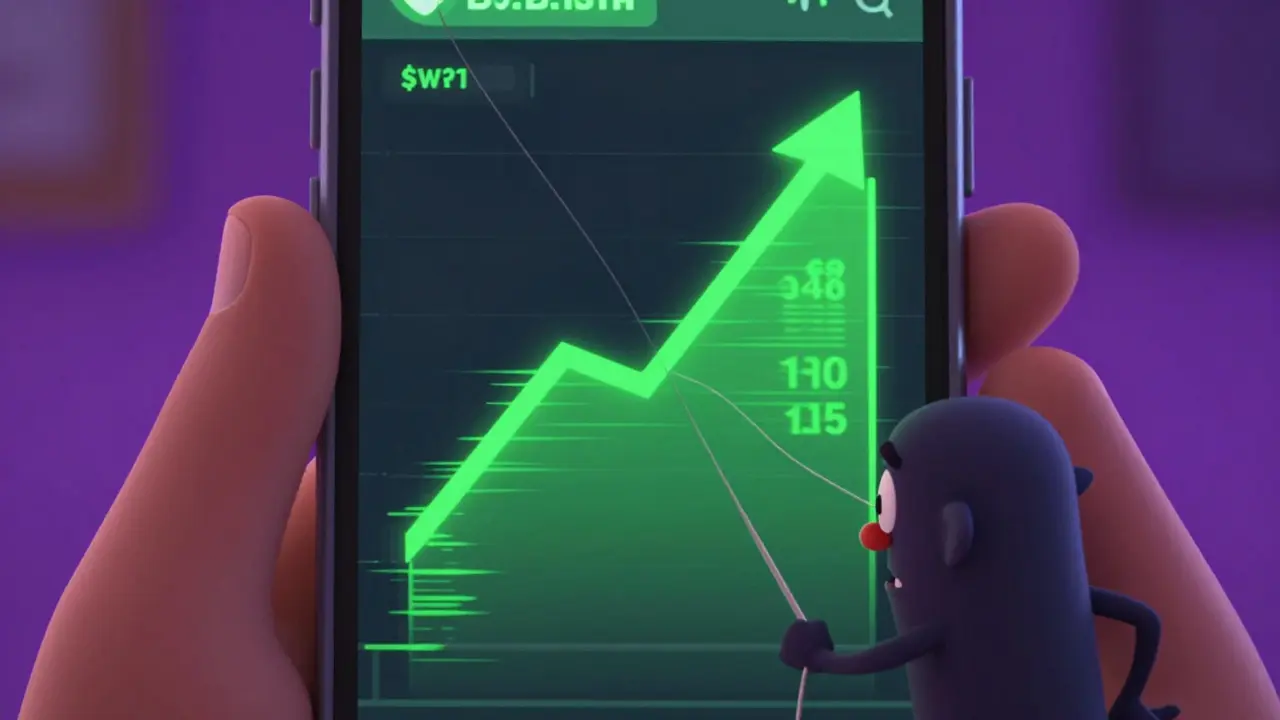 Cartoon villain manipulates a phone showing fake crypto profits to a victim.