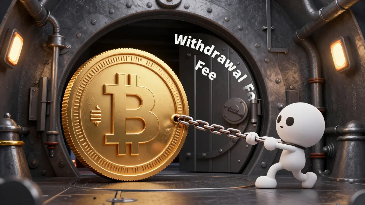 Character struggling to move heavy Bitcoin coin through fee chain.