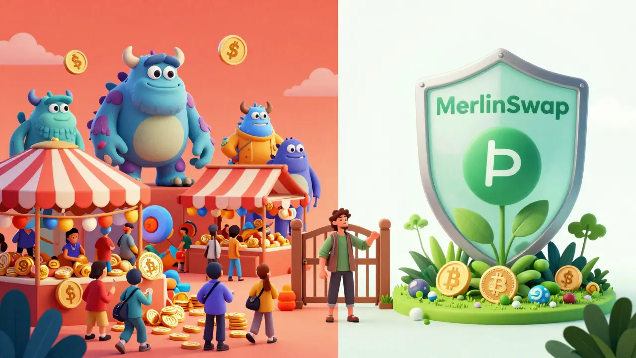 Comparison of chaotic DEX market vs serene MerlinSwap garden