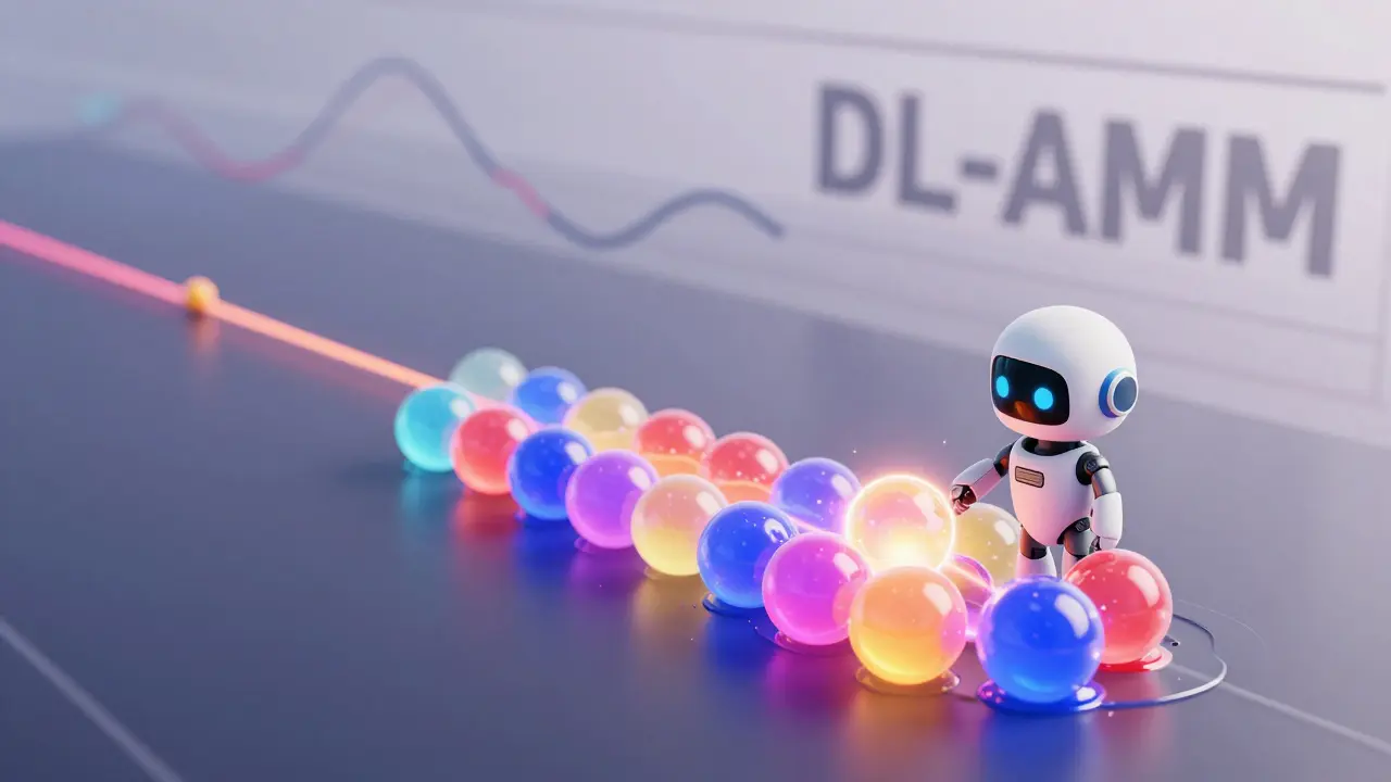 Concentrated liquidity orbs illustrating efficient DL-AMM tech