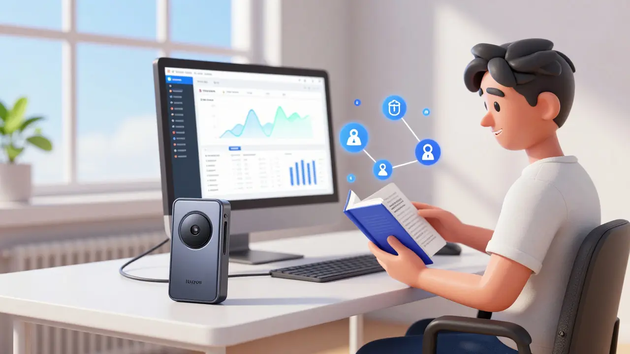 Confident character using a hardware wallet and studying smart contract security basics.