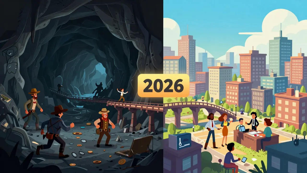 Contrast between chaotic unregulated crypto past and bright regulated future.