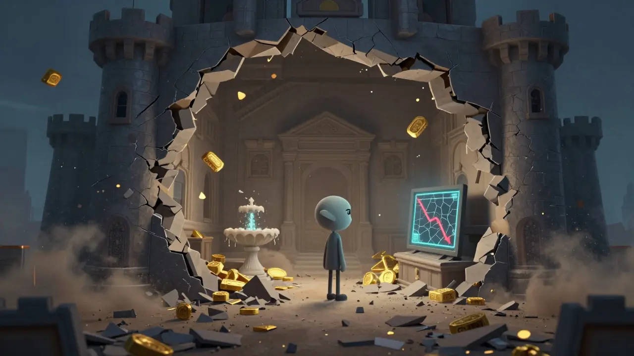 Crumbling digital castle symbolizing the collapse of FantOHM protocol